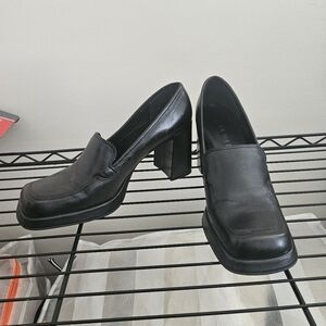 Black Block Heel Platform Leather Loafers 90s Y2k Preppy Womens Size 13